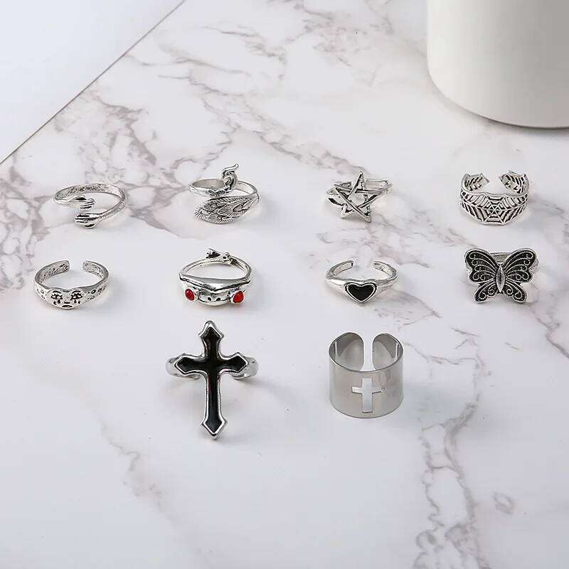 LATS Vintage Silver Plated Cross for Women Gothic Punk Steampunk Crying Face Butterfly Frog Ring Sets Party Fashion Jewelry H260312