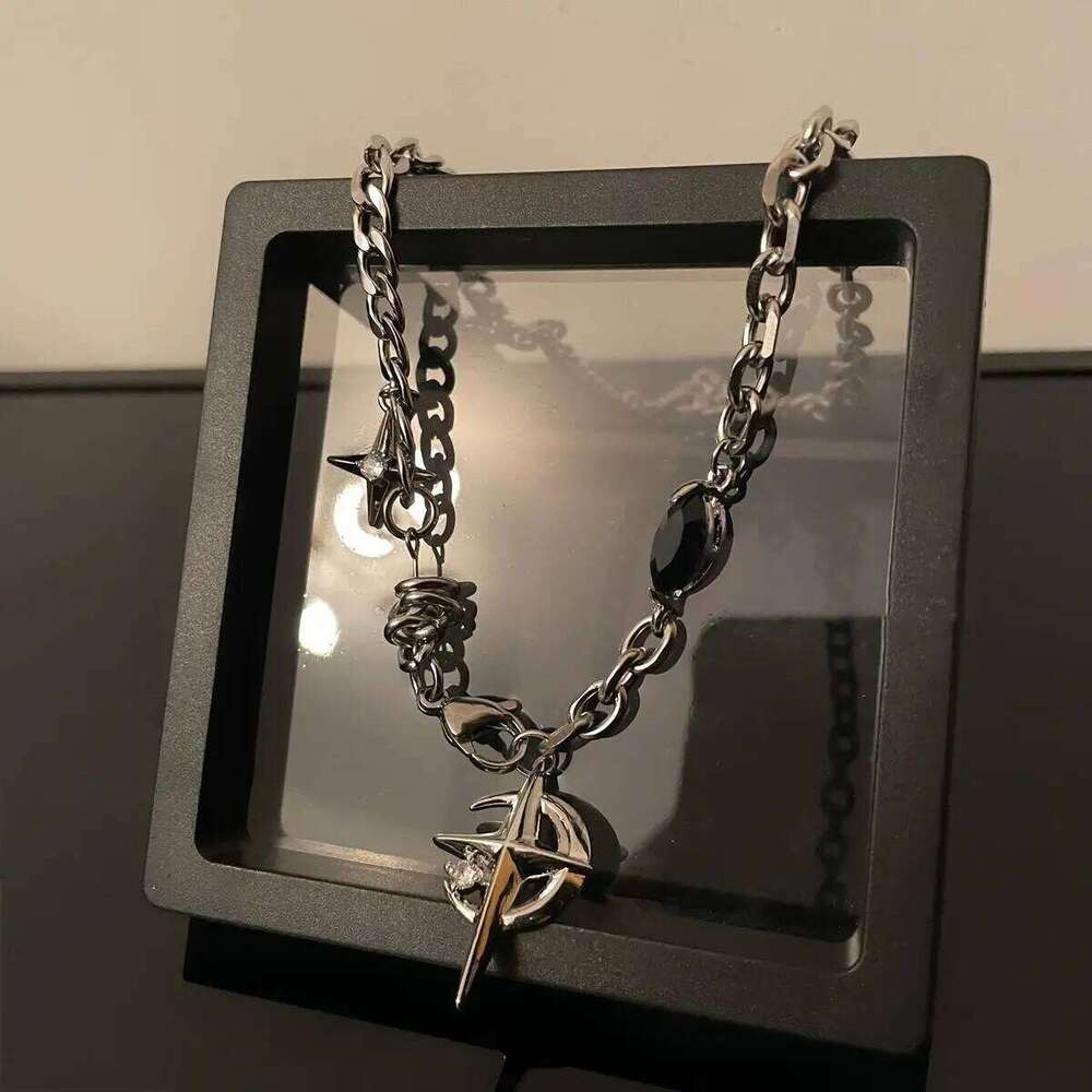Hip Hop Moon Star Pendant Necklace For Men Women Titanium Steel Spliced Sweater Chain Kpop Unisex Jewelry Street Punk Accessorie H260312