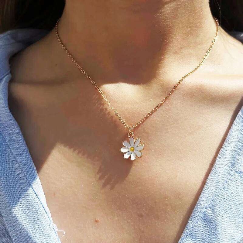 Fashion Gold Plated Daisy Necklace Enamel White Flower Pendants Necklaces For Women Girls Gifts H260312