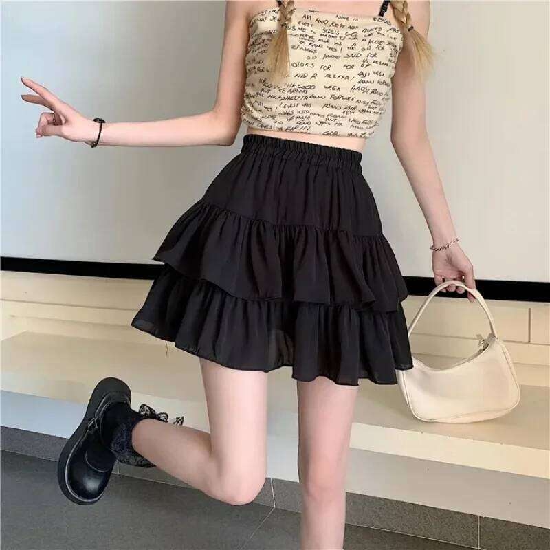 White Ruffles Mini Women Kawaii Elastic Waist A-line Loose Preppy Style Cute Short Pleated Skirt Korean Fashion Z260314