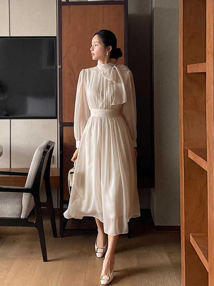 Ele Spring Chic Stand Collar Sa Knot Slimming Long Sve Chiffon Dr High Waist Commute Sle Other MaterialT260314