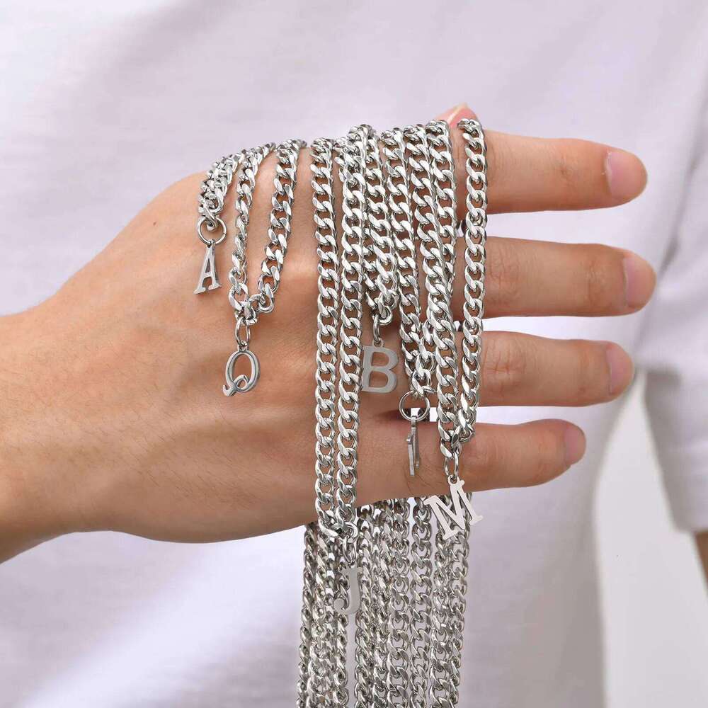 Vnox Simple A-Z Letter Necklace Men Women, Waterproof Stainless Steel Cuban Chain Necklace, Jewelry Gift for Him H260312