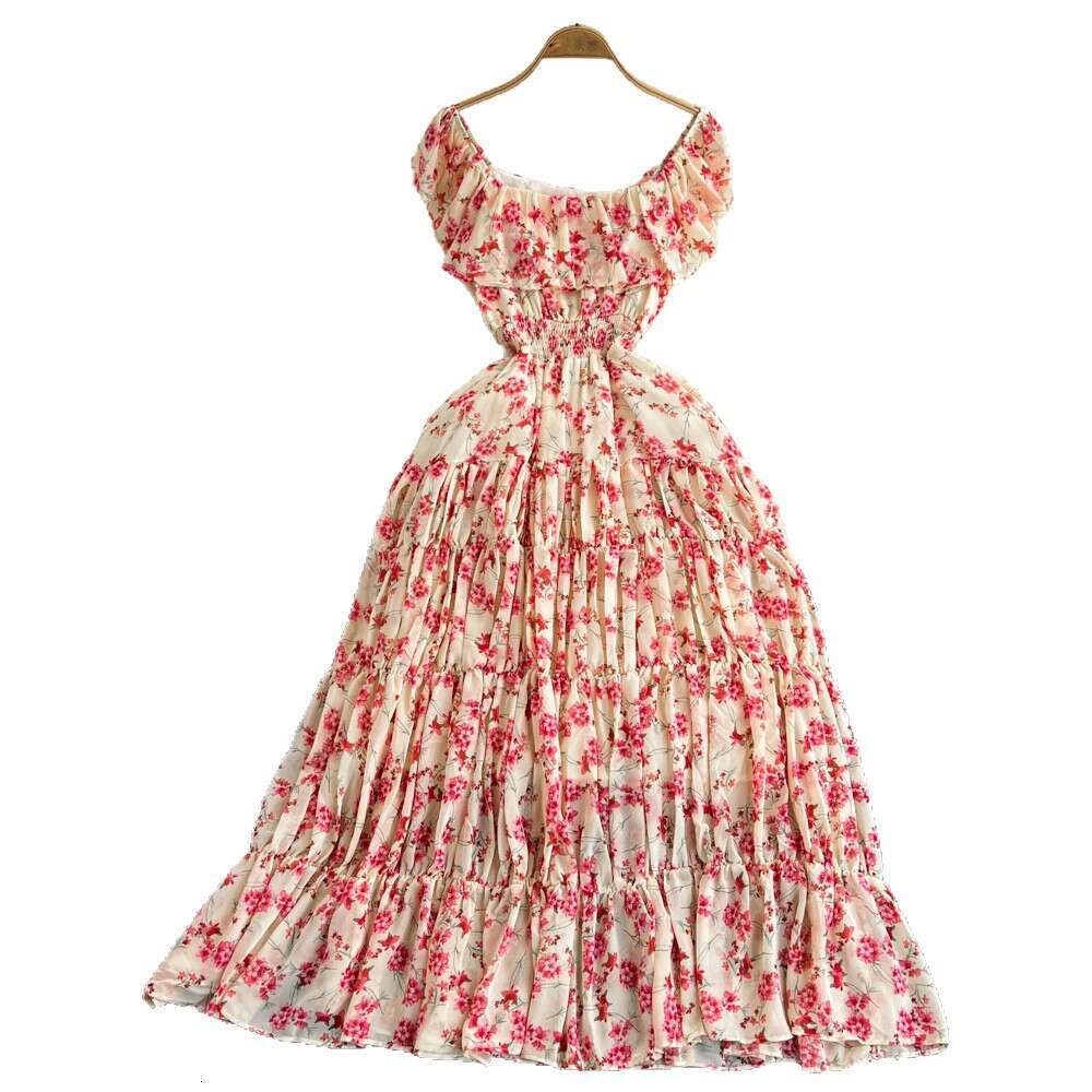Super Immortal Seaside Resort Flower Style Gentle Square Collar Ruffle Hemp Waist Slimming A-line Chiffon Dress