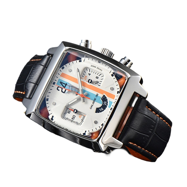 Monaco 24 Calibre 36 Chronograph Mens Watch Square Dial Gulf Stripes Design Orange Blue Racing Style Leather Band Business Casual Wrist Watch Calendar Date