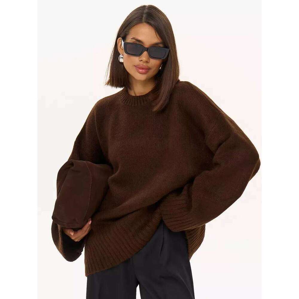 Women's Crew Neck Vintage Oversize Trendy Horn Cuff Long Sleeve Knit Solid Brown Casual Sweater Z260313