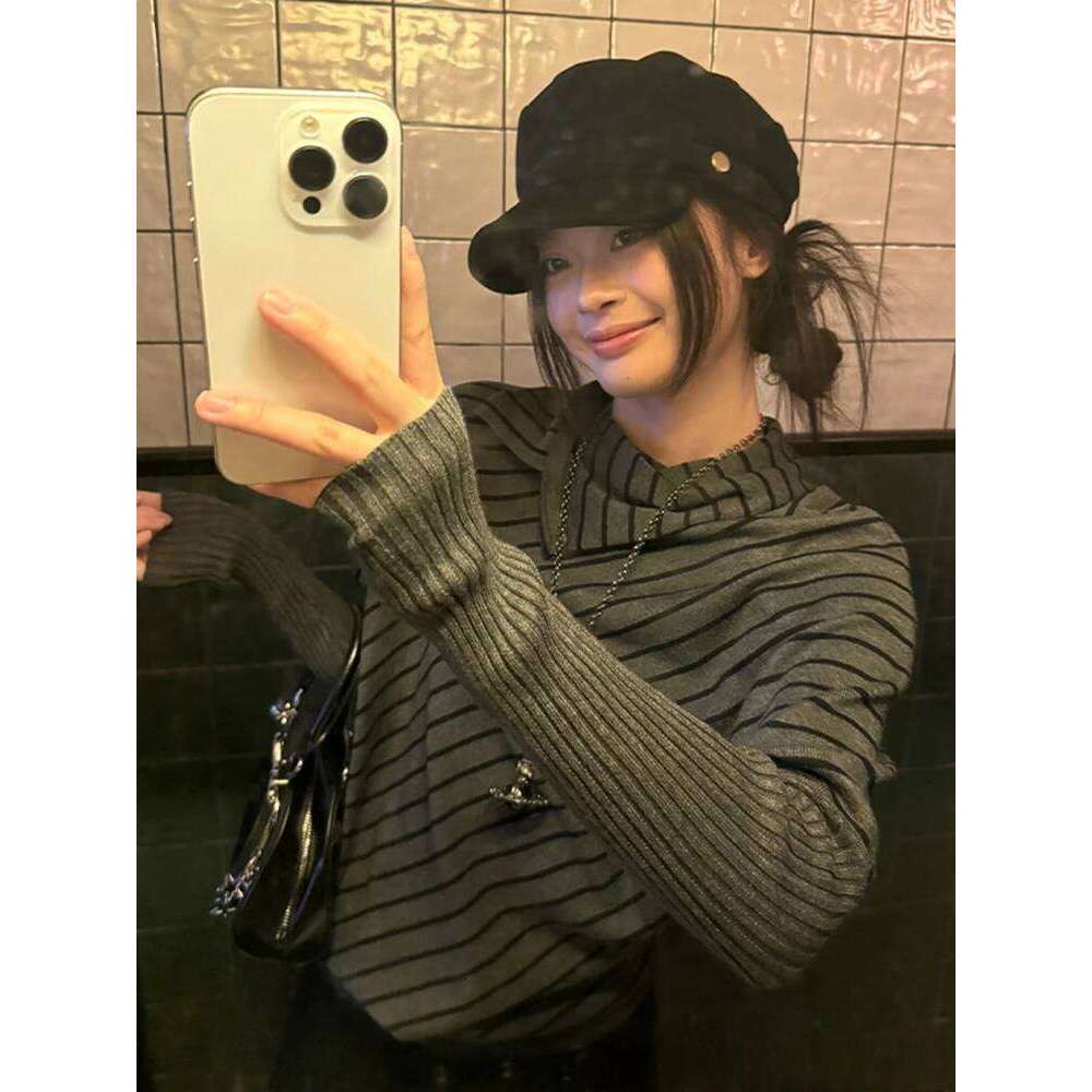 Tonngirls Harajuku Striped Sweater Women Batwing Sleeve Knit Turtleneck Pullovers Y2k Japanese 2000s Knitwear Korean Style Tops Z260313