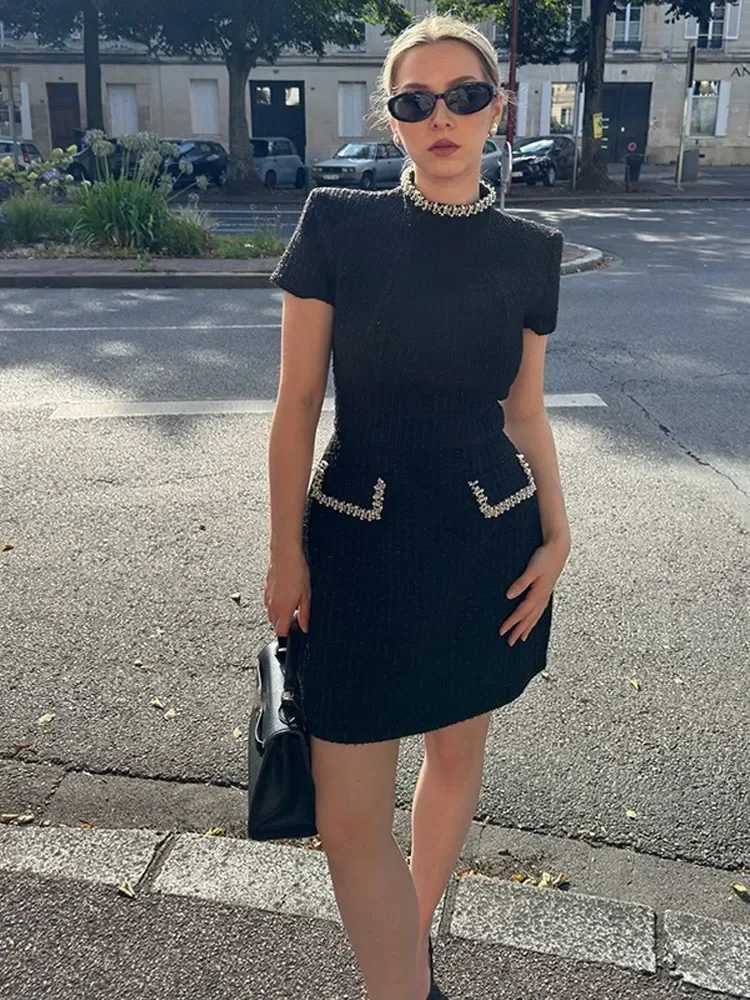 2025 New Elegant Glittery Spliced Beaded Mini Dress Women Elegant Mock Neck Short Sleeve High Waist Dresses Female Party GownT260314