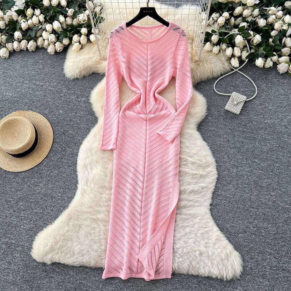 REALEFT Vintage High Waist Hollow Out Knitted Women's Dresses Long Sleeve O-neck Straight Side Split Wrap Dress Female 2025 Z260314