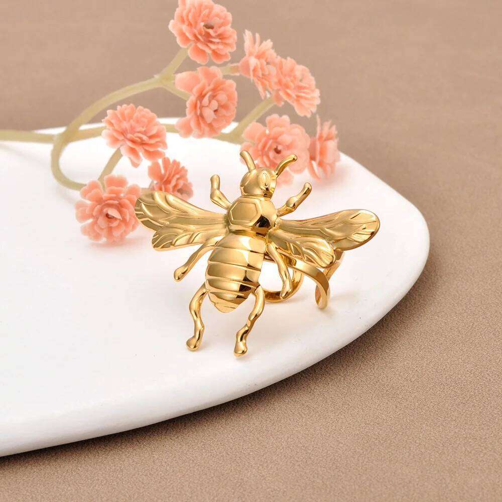 Lokaer Fashion Bee Open for Women Stainless Steel Gold Color Finger Rings Insect Animal Jewelry Gift Wholesale R25025 H260312