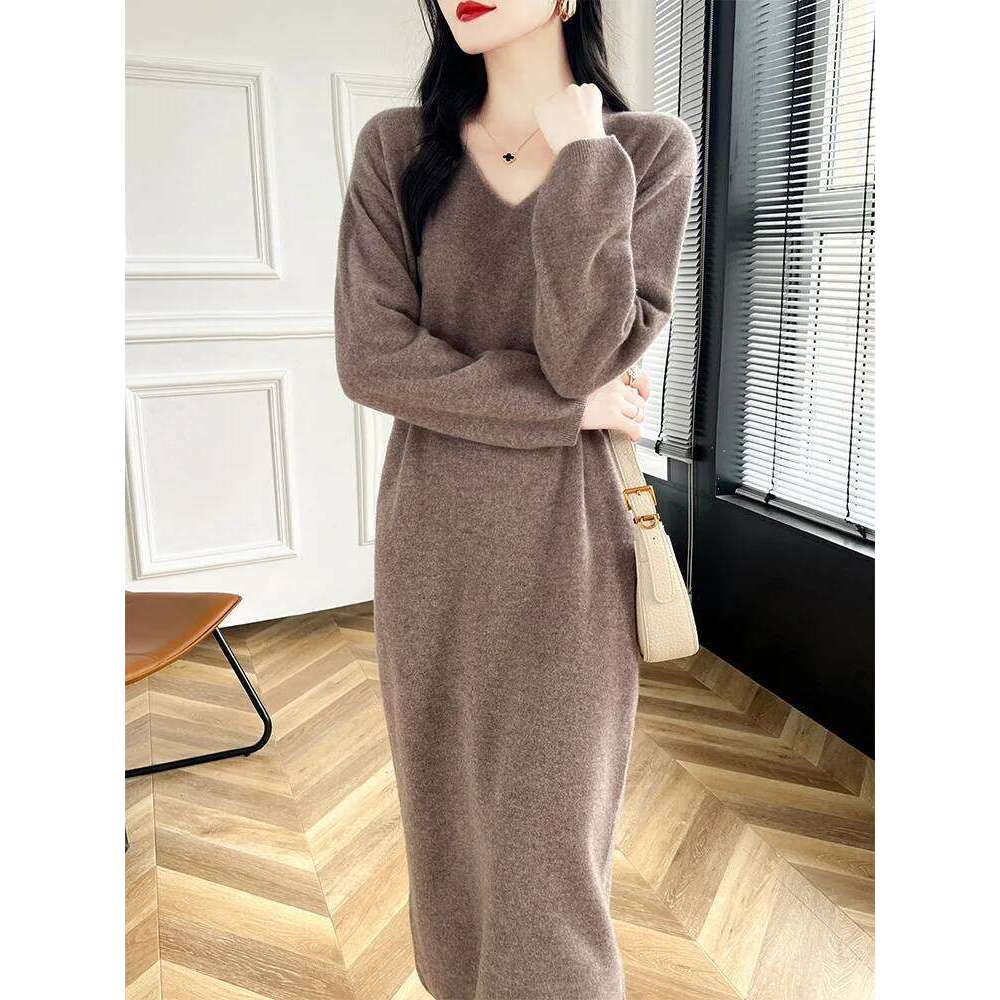 2024 New 100% Merino Wool Women Sweater V-Neck Pullover Long Dress Versatile Cashmere Knitwear Korean Popular Clothing Z260314