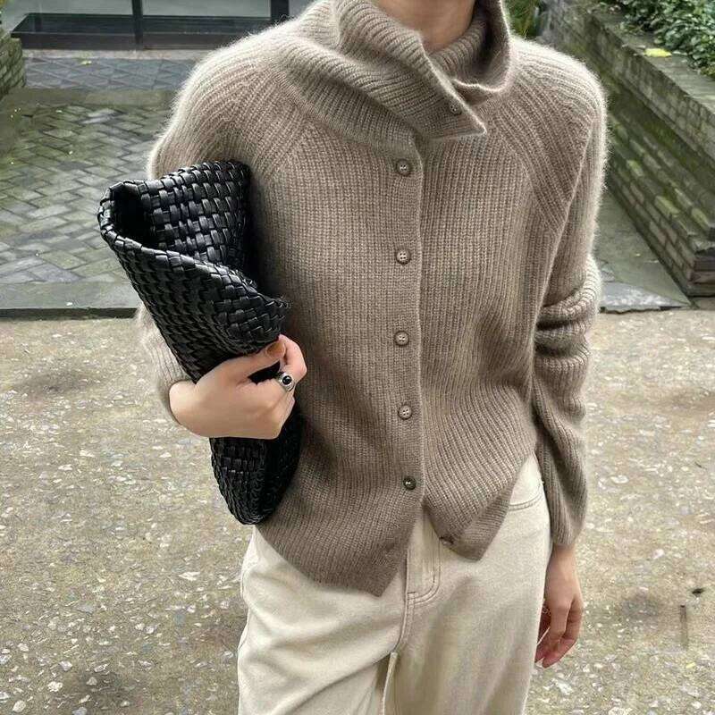 Women'S Stand Collar Cardigan Sweater Elegant Vintage Ribbed Long Sleeves Knitted Jumper Single Breasted Clothes Autumn Winter Z260314