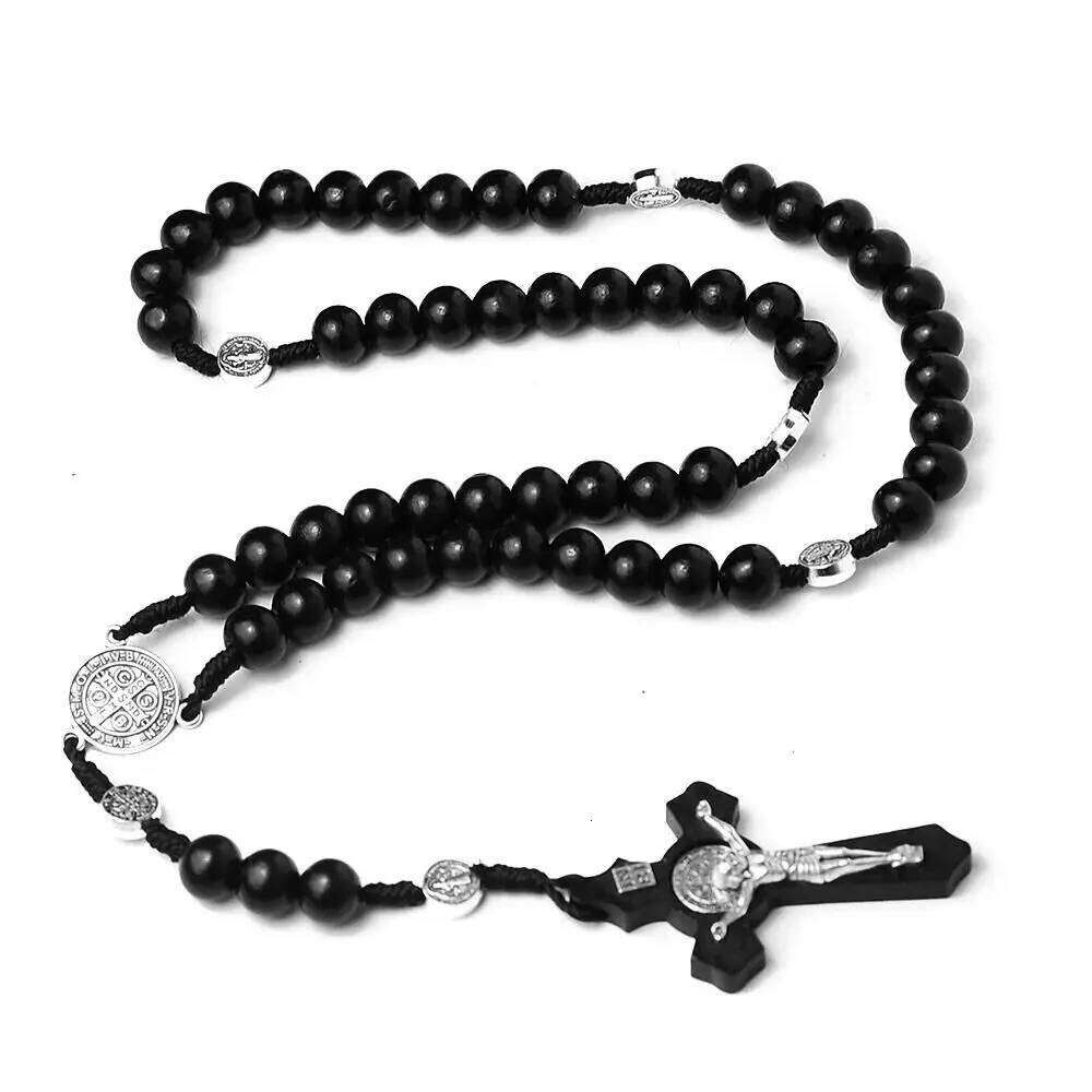 Handmade Rosary Religious Catholic Wood Beads Necklace Car Ornament Mellow Crucifix Pendant Chain Women H260312