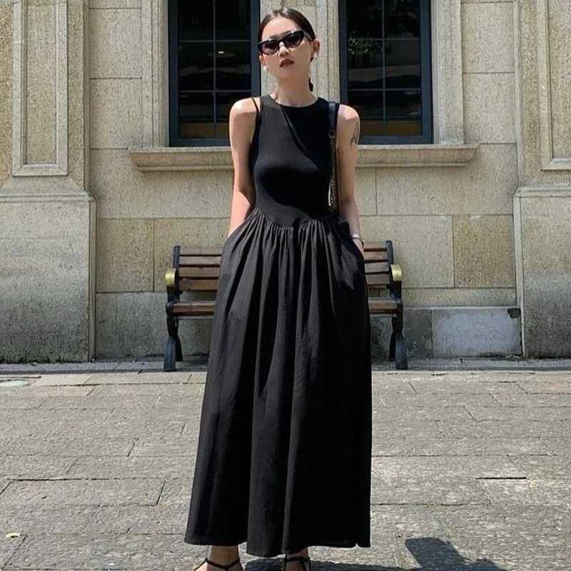 HXAO Black Dress Women Slim Simple O Neck Sleeveless Long Dress Holiday Dress Street Casual Dresses 2025 Womens Summer DressT260314