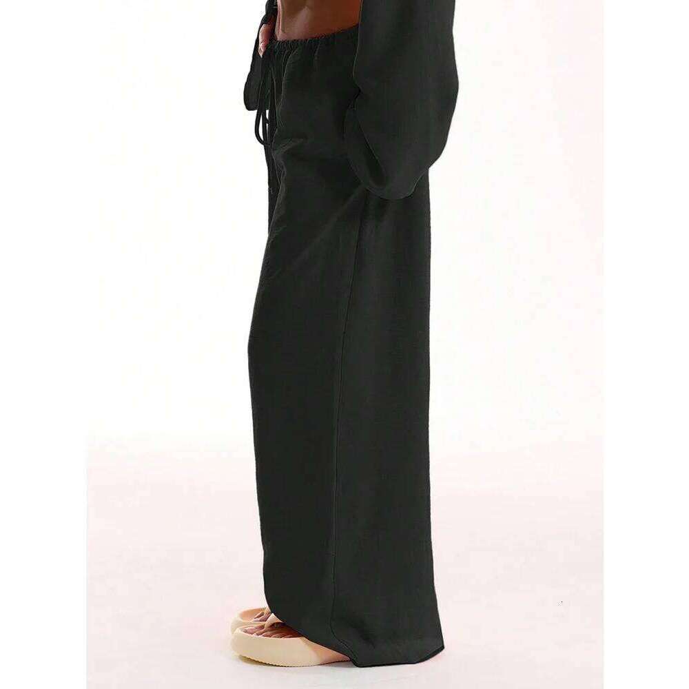 Casual Oversized White Solid Wide Leg Pants Fashion Women Elastic High Waist Pocket Baggy Sweatpant Office Lady Commute Trousers