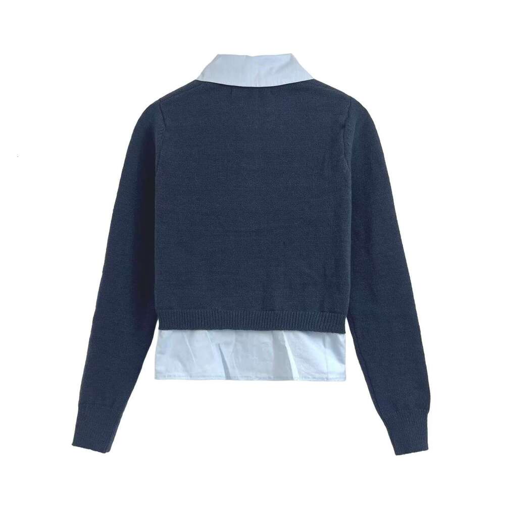 2026 Spring/Autumn Designer Short Fake Two Piece Knitted Cardigan Women's Long c10 Sleeve Pocket Sweater Top
