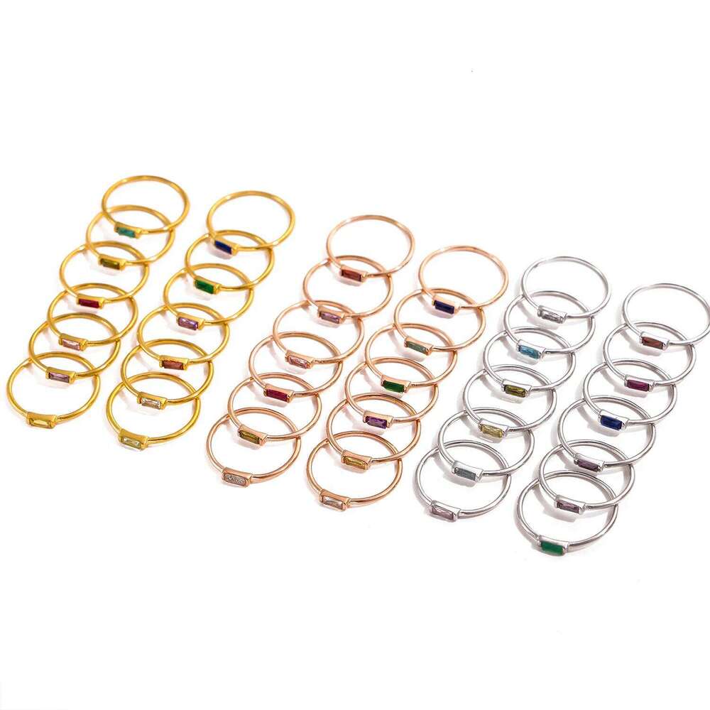 CARLIDANA Mimalist 18K Gold Plated Square Simple Colorful Zircon Stainless Steel 12 Months Birthstone Stackable Ring for Women H260312