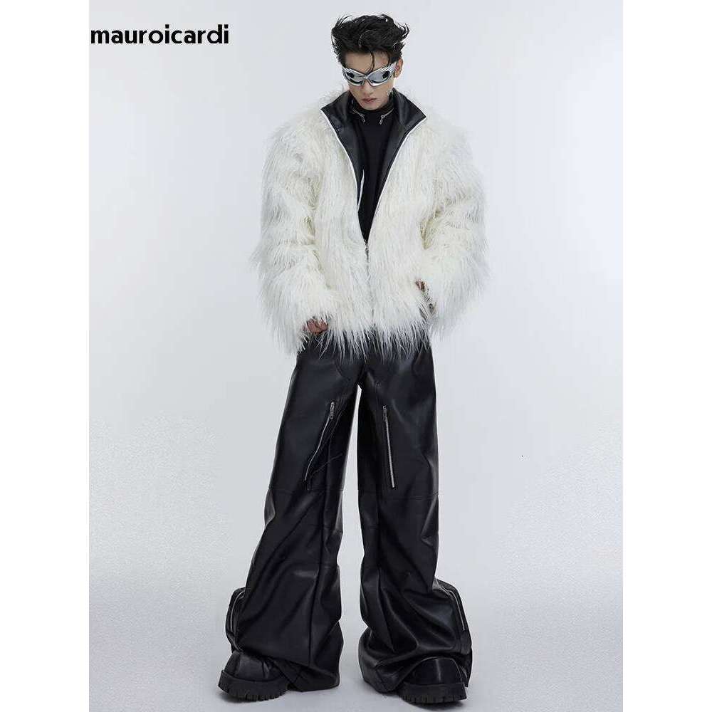 Mauroicardi Winter Short White Thick Warm Shaggy Hairy Soft Faux Mongolian Fur Coat Men High Quality Luxury Fluffy Jacket 2023 Z260313