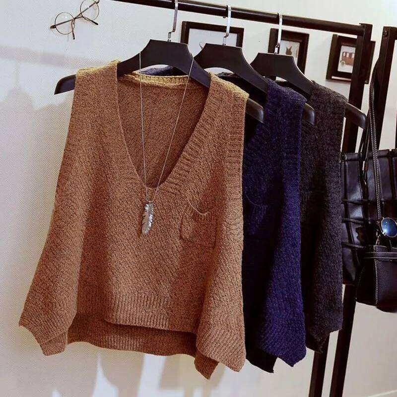 Korean All-match V-Neck Solid Color Knitted Vest Autumn Winter Women's Clothing Fashionable Loose Sleeveless Sweaters for Female Z260314