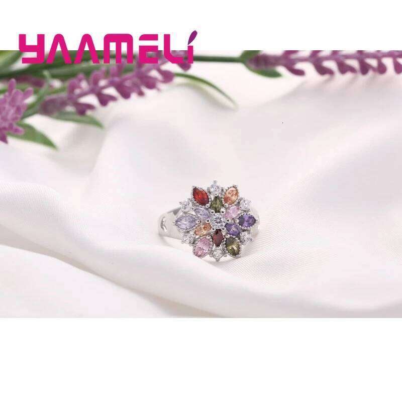 Summer Flowers Finger Rings for Women Gifts 925 Sterling Silver Rainbow Colored Cubic Zircon Stone Sparkling Jewelry H260312