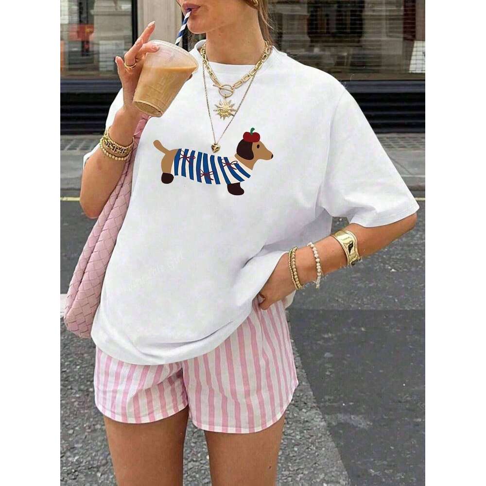 Fun Sausage Dog Printed Cotton T-shirt Summer Women's Leisure Home Travel Tee Round Neck Comfortable Breathable Y2k Top Z260314