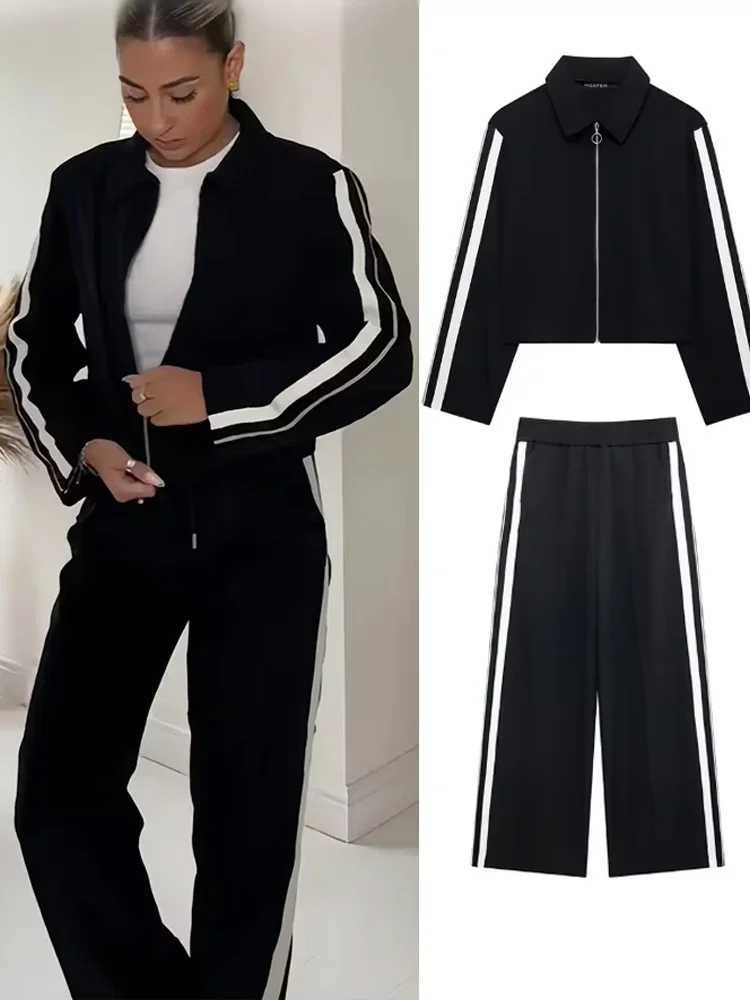2024 New Women Casual Black Trousers Suits Sports Short Jacket Female Vinatge Black White Patchwork Baggy Pants Street M260313
