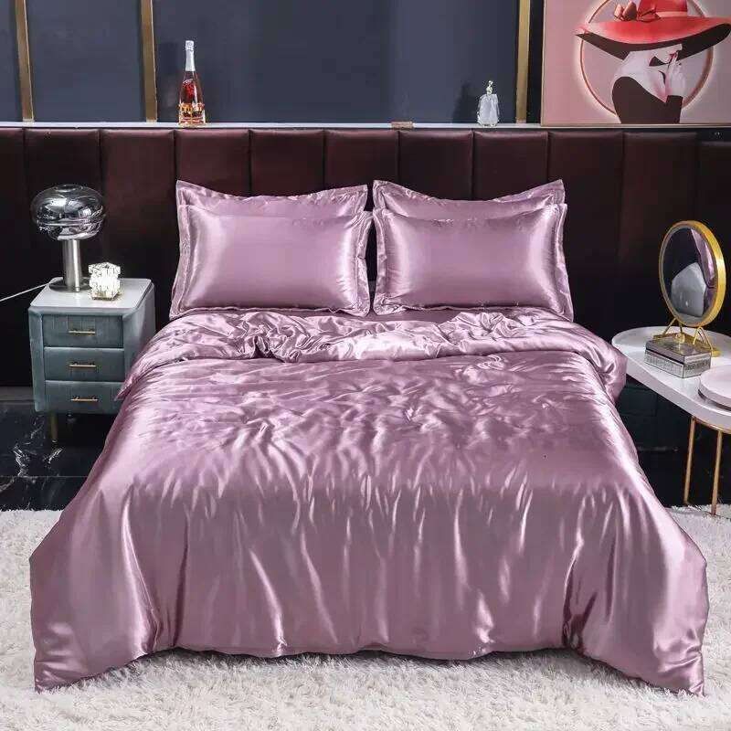 Nordic Satin Silk Bedding Set with Duvet Cover Bed Sheet Pillowcases Solid Single Double Couple Pillow Case Bedsheet H260312 - view 6