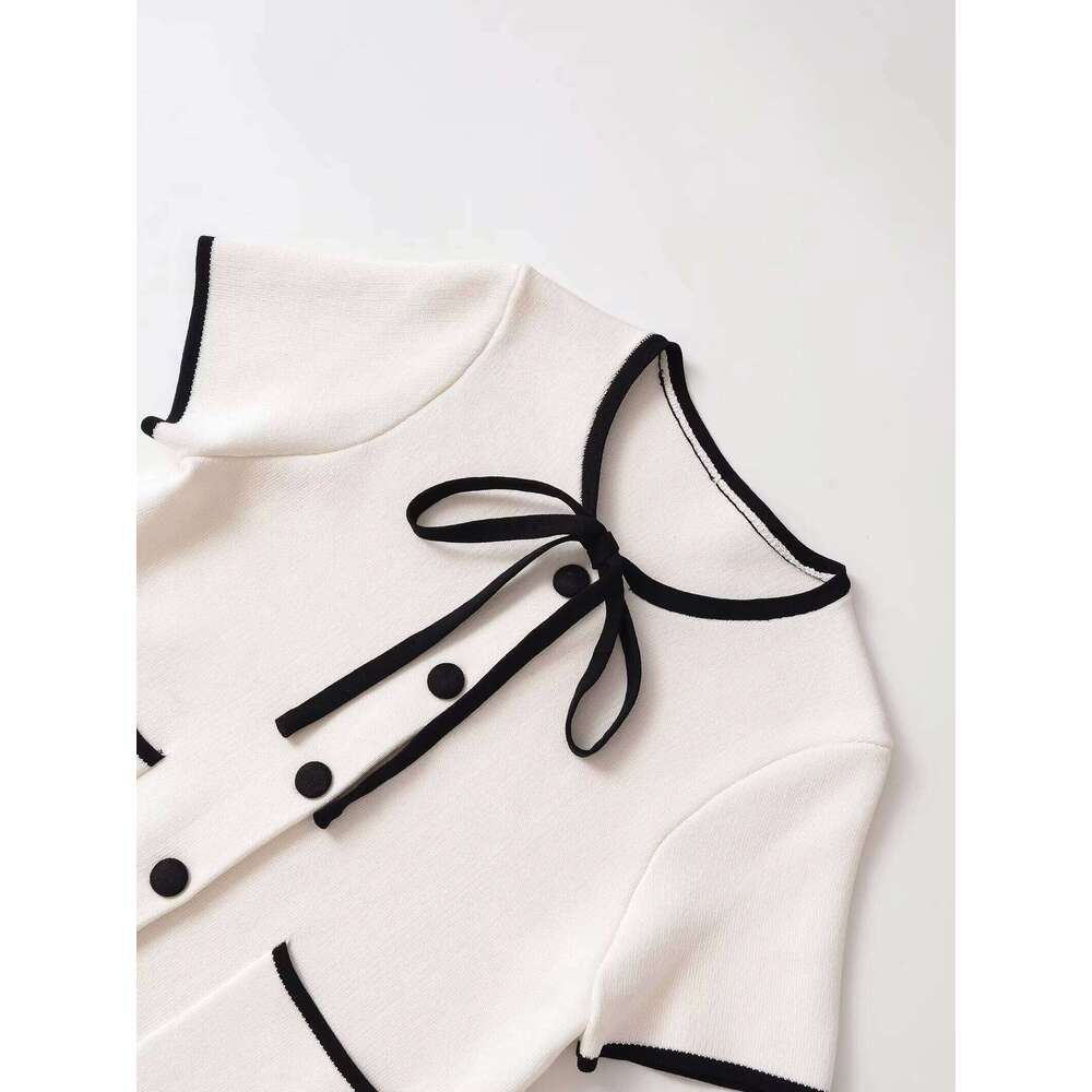 2025 autumn new women's sweet style contrast color trim round neck short sleeve knitted cardigan jacket Z260314