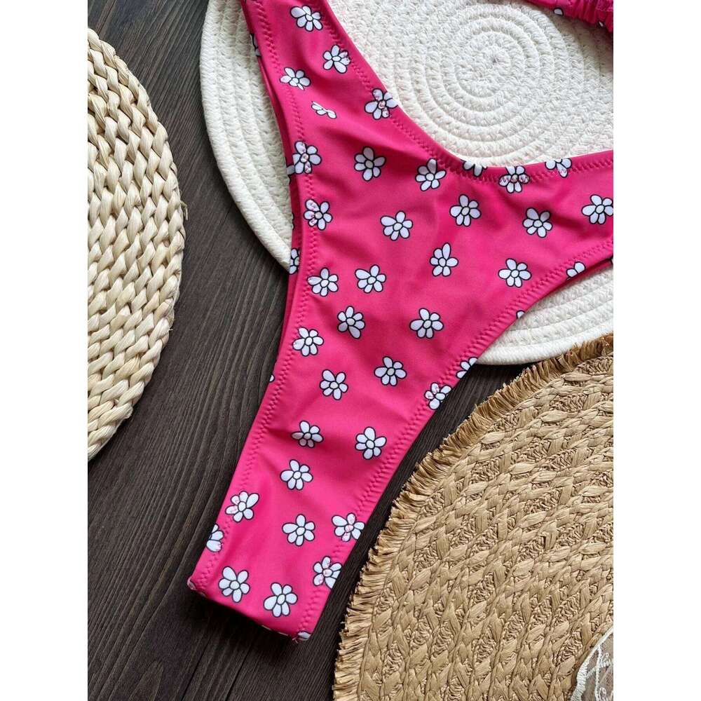 Flowers Printed Halter High Leg Cut Female Swimsuit Women Swimwear Two-pieces Bikini set Bather Bathing Suit Swim 26H0313