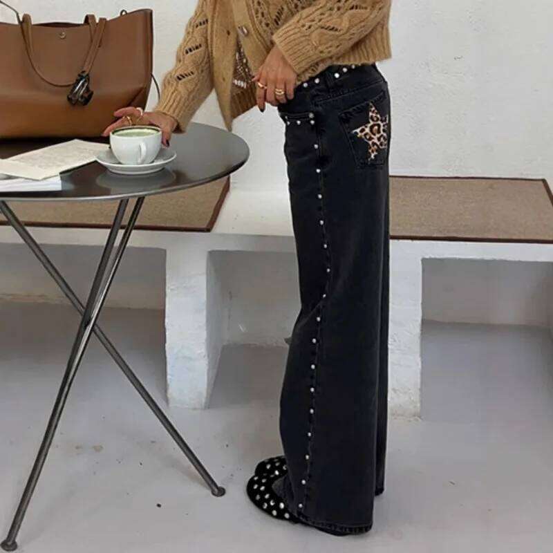 Vintage Splicing High Waited Woman Street Harajuku Hip Hop Baggy Clothing Casual Wide-leg Pants Women Jeans Z260313