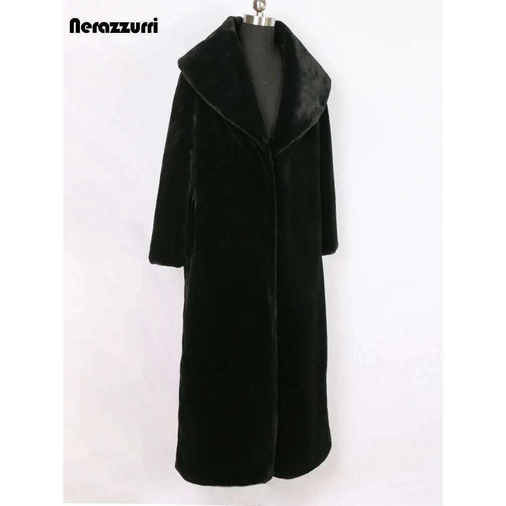 Nerazzurri Extra Black Winter Faux Coat Women Long Sleeve Plus Size Elegant Fluffy Sheared Mink Fur Overcoat 6xl 7xl Z260313