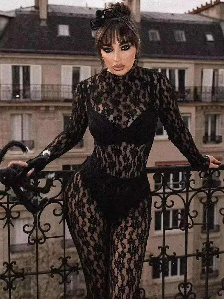 HH Womens Lace Pants Sets Slim Jumpsuits Top High Waist Trousers Sexy Lady Floral Lace Translucent Y2k Bodysuit Suits 260309