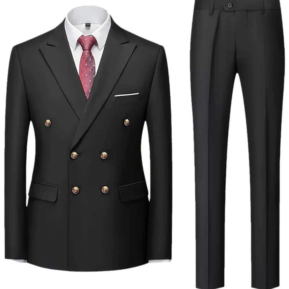 Solid Man Double-breasted 2 Piece Outfit Set Peak Lapel Wedding Business Casual Stage Costume Graduation Suit M260313
