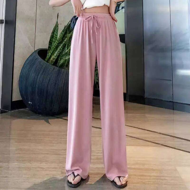 New Women Ankle-Length Wide Leg Casual Solid Elastic Waist Loose Ice Silk Pants Spring Summer Female Trousers 26Y0313