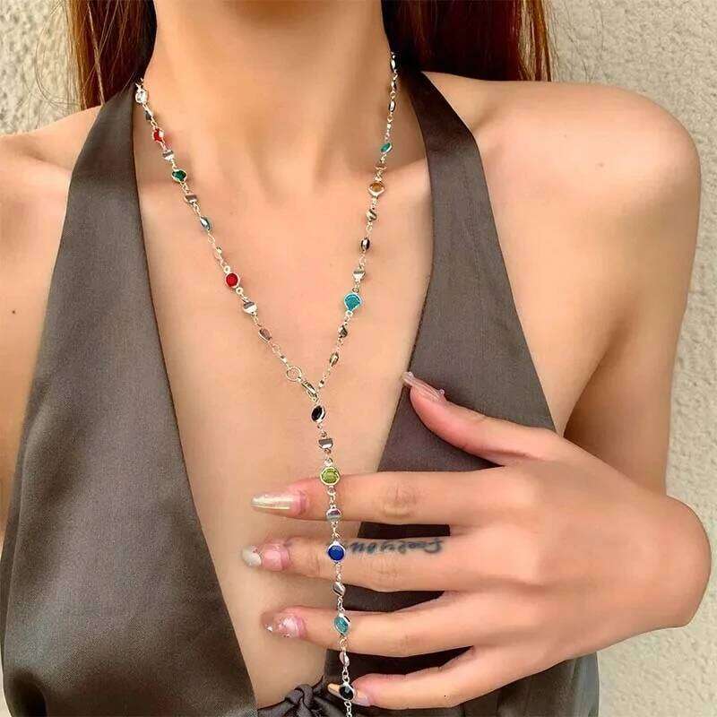 LATS New Colourful Long Tassel Necklace for Women Shiny Rhinestone Crystal Zircon Choker Bohemian Statement Jewelry Gifts H260312