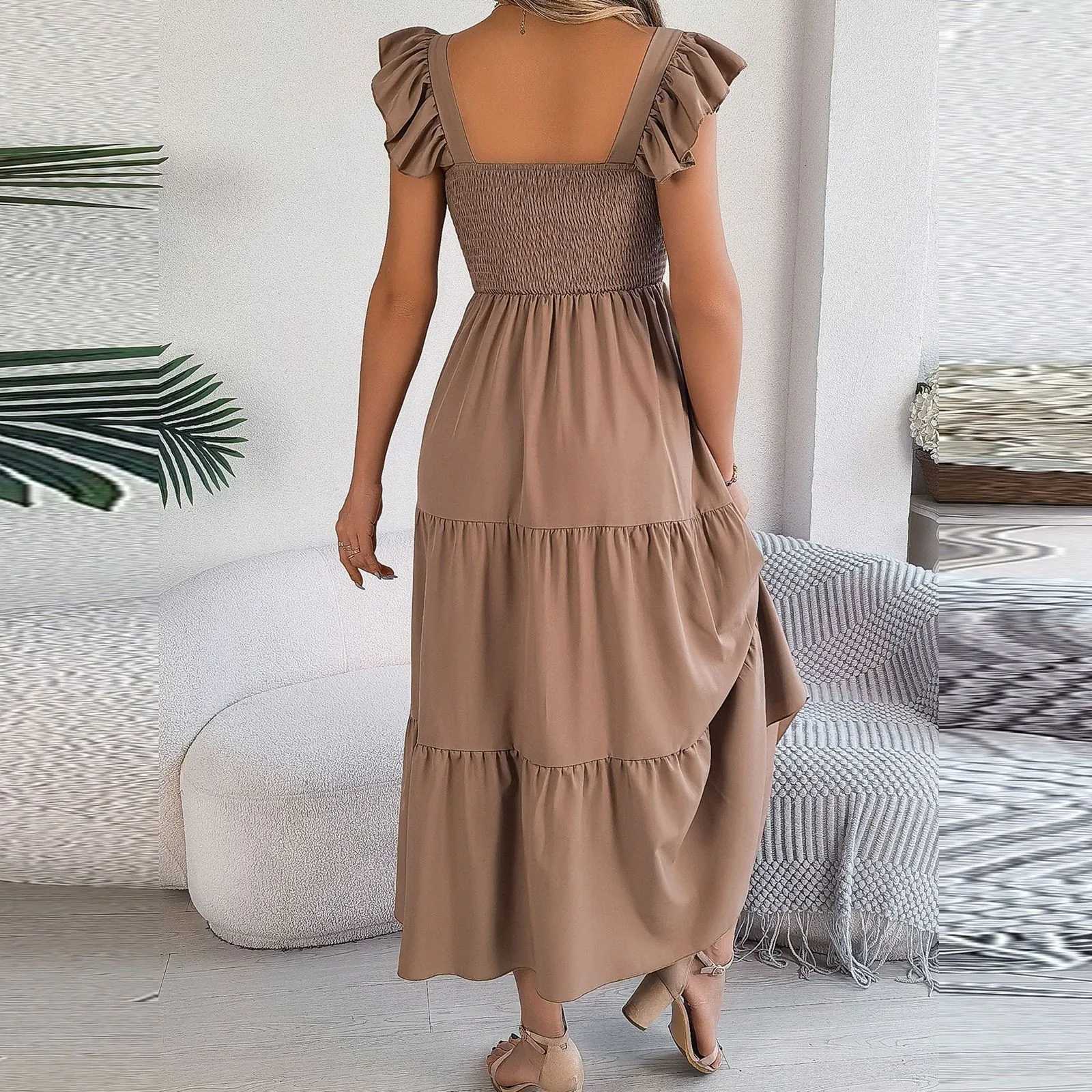 2024 Summer Solid Tank Long Dress For Women Square Collar Sleeveless A-Line Maxi Dress Backless Slim Waist Pleated Beach DressesT260316