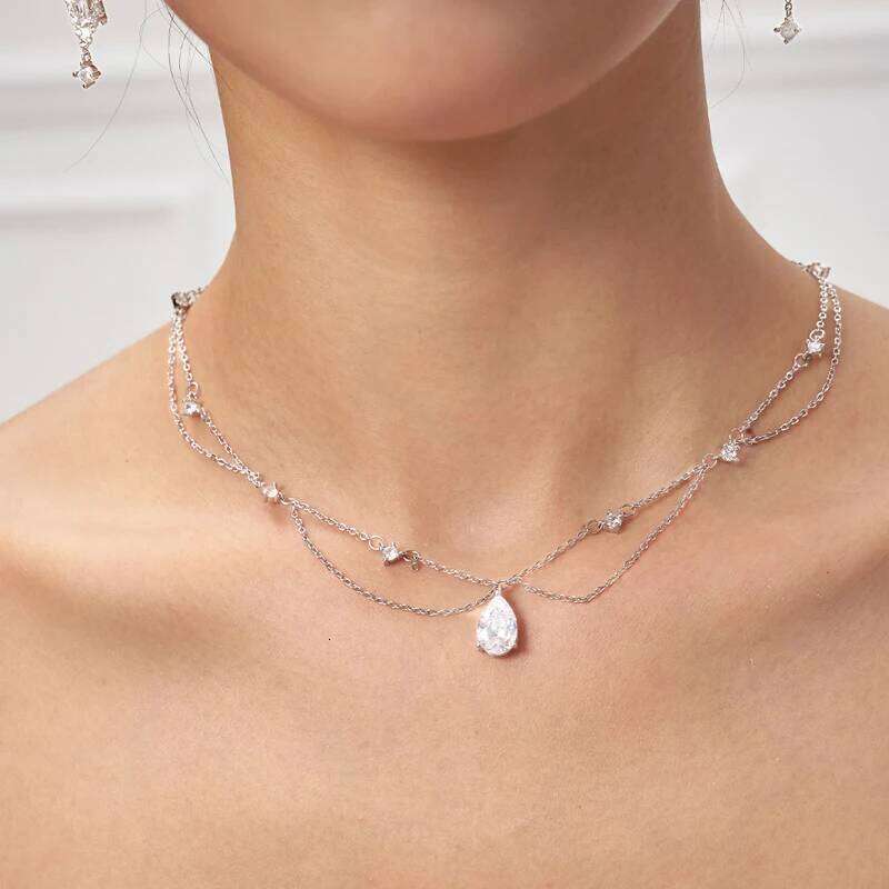 Sterling Silver Double-Deck Water Droplet Shape Women Choker AAA Zircon Chain Necklace Fine Jewelry Wedding Party Gift H260312