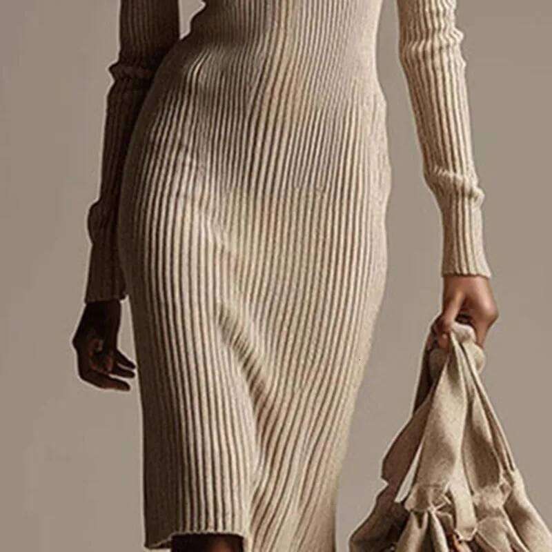 Fall Fashion Solid Ribbed Knitted Dresses Woman Elegant Turn-down Collar Button Winter Long Sleeve Slim Sweater Dress Z260313