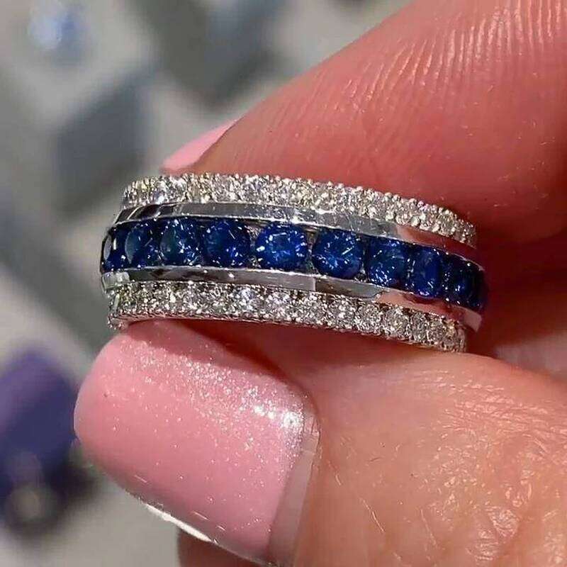 Huitan Fashion Blue White Cubic Zirconia Finger Ring Lady Engagement Accessories Modern Trendy Wedding Band Jewelry for Women H260312
