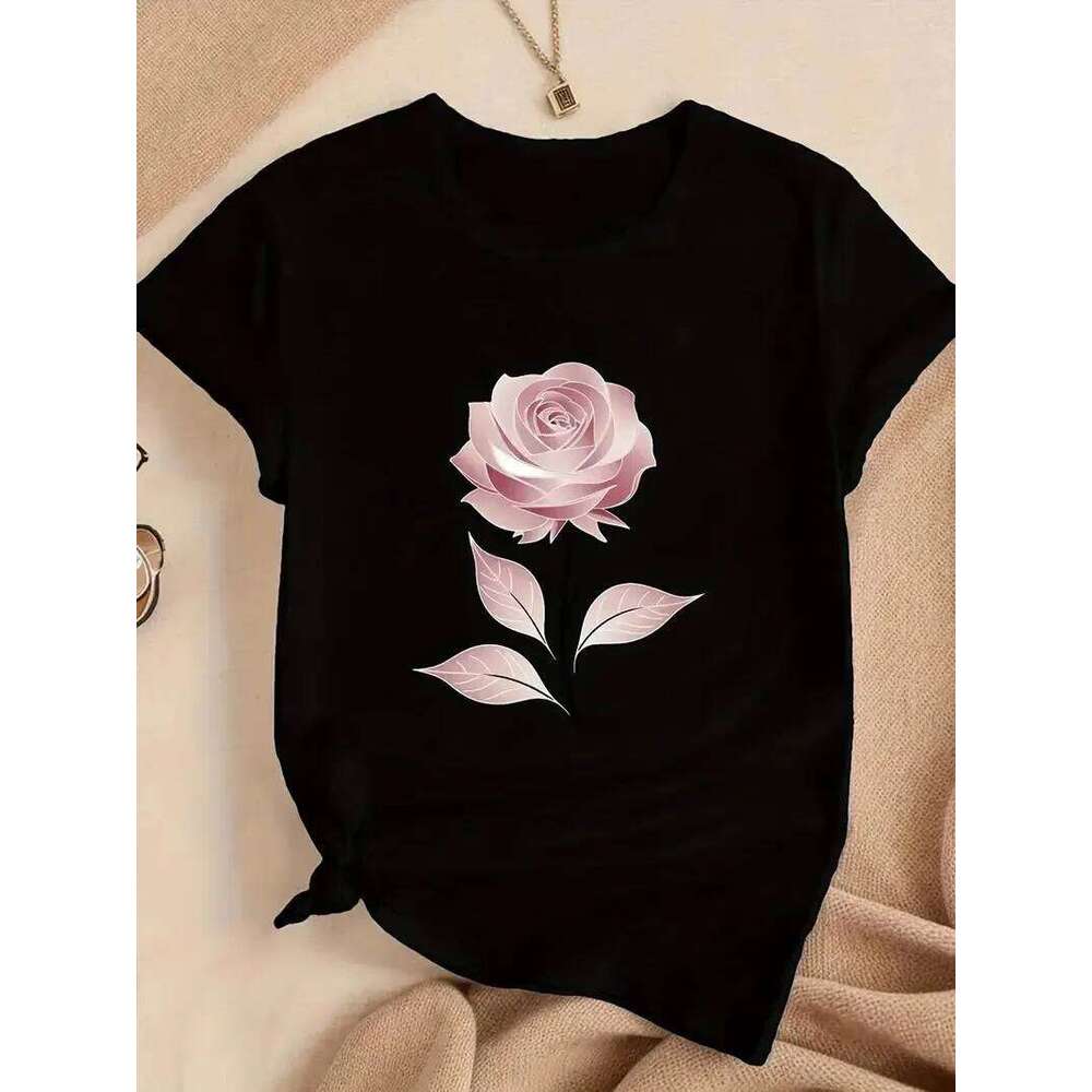 Cotton 100% Hot-selling Women's European and American Rose Printed Round-neck Short-sleeved Top Graphic T Shirts Z260314