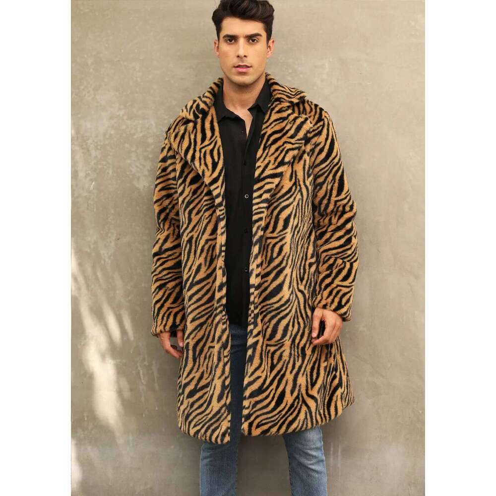 European American New Fashion Men's Leopard Casual Trendy Simple Basic Loose Turn-down Collar Long Sleeve Faux Fur Coats Tops Z260313