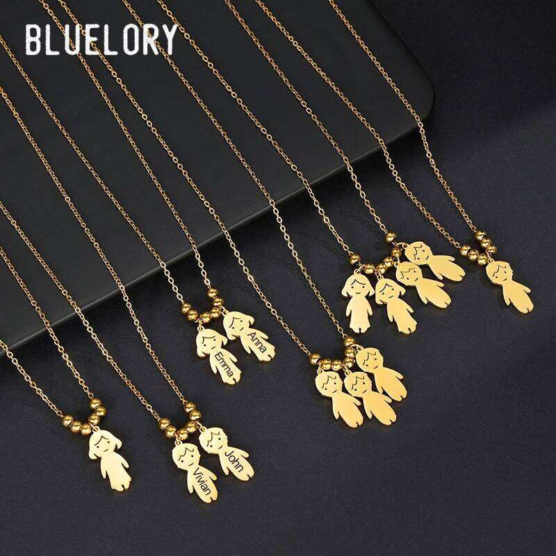 Bluelory Customized Engrave Your Kid's Name Women Necklace For Mom Gold Stainless Steel Carton Boy Girl Custom Jewelry Gift H260312