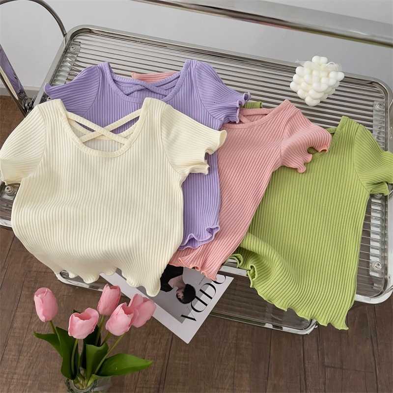 Women's Knits & Tees Girls' Fashionable Cross-Back Short-Sleeve T-Shirt Summer New Korean Style Children's Solid Color Versatile Casual