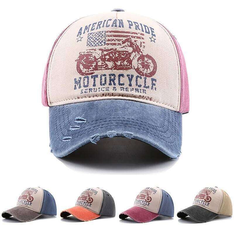 Motorcycle print baseball Washed visor American embroidery old duck Trucker cap Z260313