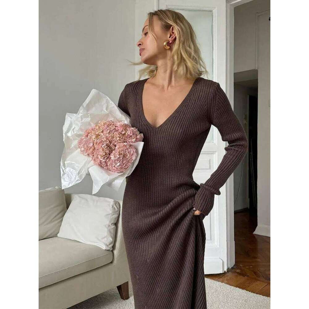 Blubelle Women's New Solid Color Long Sleeve V-neck Slim Bodycon Knitted Maxi Dress Trendy Elegant Fashion Dresses Z260313