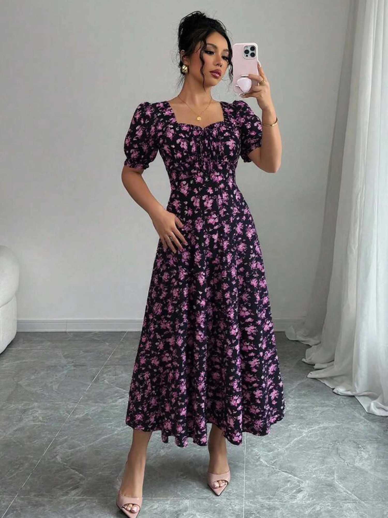 Womens Summer Elegant Casual Puff Sleeve Square Neck Black Floral Print Maxi DressT260314