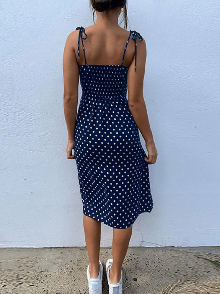 Dresses Sundress Summer Women Causal Polka Dot Sleeveless High Pleated elastic waist VNeck Beach Dress Vestidos De Verano 260313
