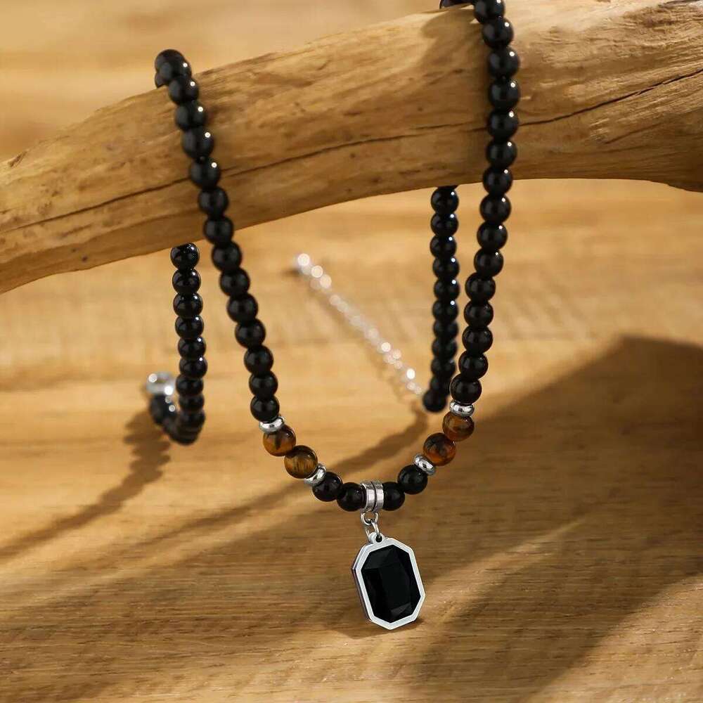 Natural Black Tiger Stone Colorful Beaded Pendant for Men's Trend Hip Hop Niche Collarbone Chain Necklace Paty Jewelry H260312
