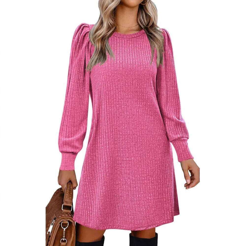 Women's Fall Winter Ribbed - Mock Neck Long Bubble Sleeve Dress for Date Night and Casual Elegance Z260314