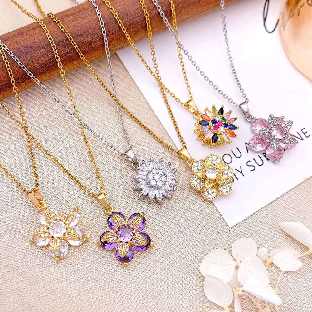 Fashionable Sunflower Flower Necklace Rotatable Cross-Border Design Sense Accessory Versatile Titanium Steel C... H260312