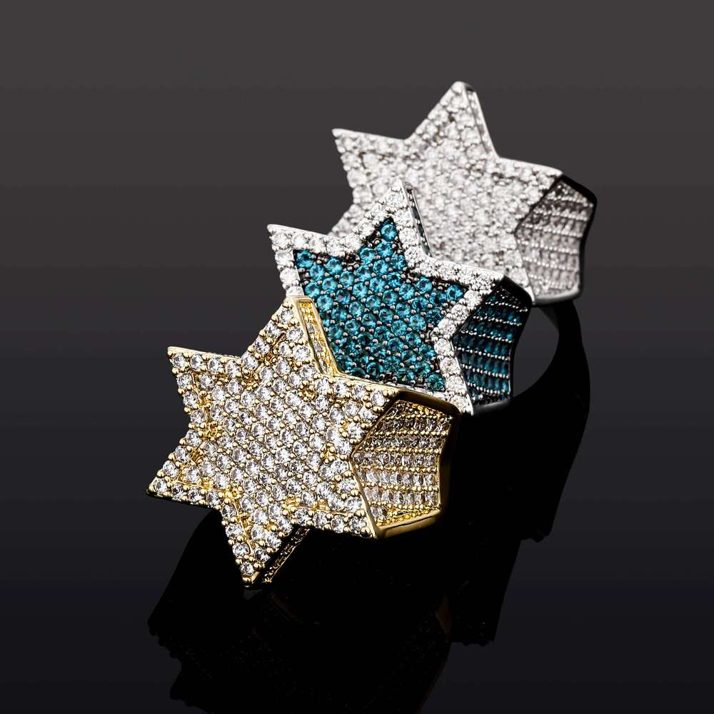 New Iced Out Hexagon Star Rings For Men/Women Micro Paved Gold Silver Color Finish Cubic Zircon Charm Hip Hop Jewelry Ring Gift H260312